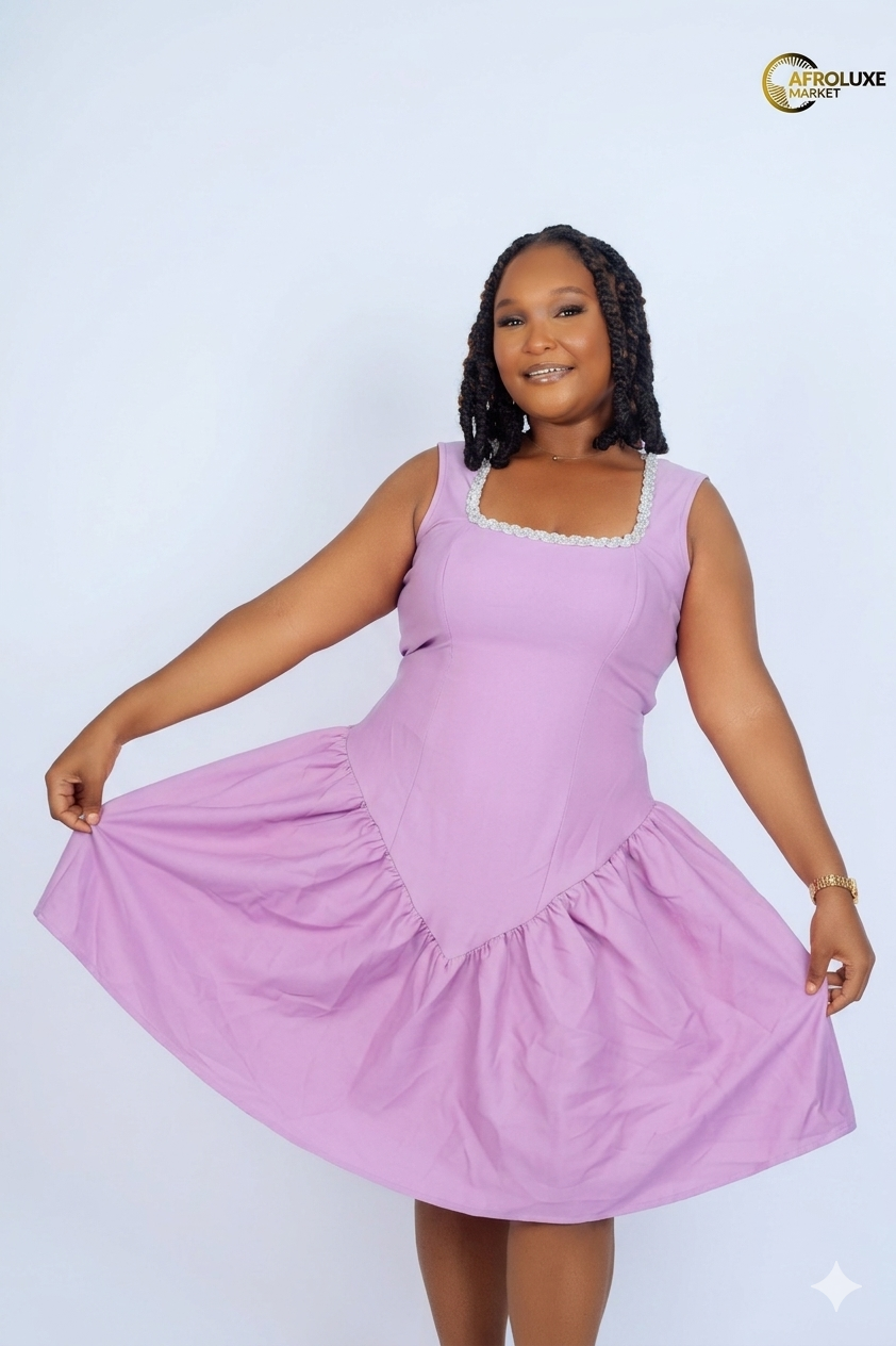 lavender drop waist dress CLEO Strapless Drop Waist Maxi with Covered Button Back Detail and Sash  Neckpiece (Lavender SC Silk)